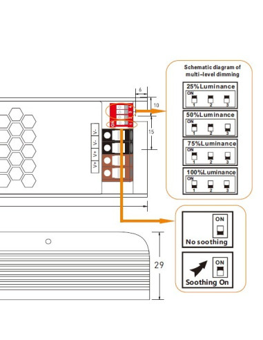 30W 24V LED Treiber DIP Schalter Verdrahtung und Softstart Diagramm