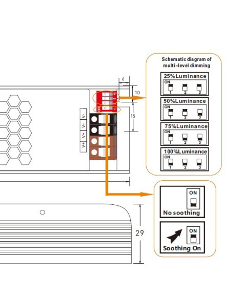 30W 24V LED Treiber DIP Schalter Verdrahtung und Softstart Diagramm