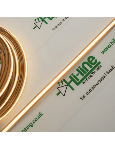 Dotless 24V warm white COB LED strip, 3000K, straight run from the 10m reel
