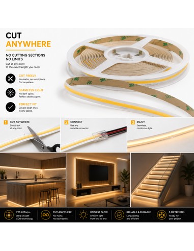 Cut anywhere COB LED strip lights, 3000K warm white, 5m reel for kitchens and stairs