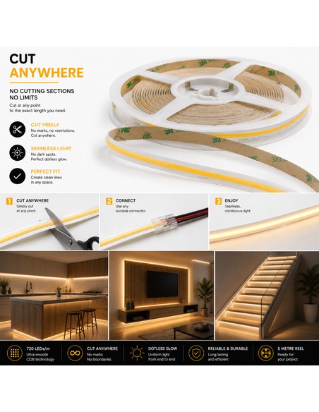 Überall schneidbarer COB LED-Streifen, 3000K Warmweiß, 5m Rolle für Küche und Treppe
