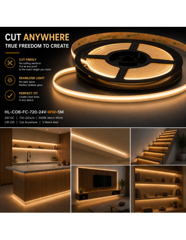 Free-cut COB LED strip, 3000K warm white 5m, kitchen island, TV wall and stairs