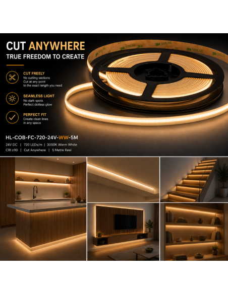 Free-cut COB LED strip, 3000K warm white 5m, kitchen island, TV wall and stairs