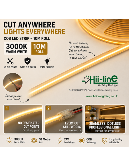 Cut anywhere COB LED strip lights, 3000K warm white, 10m reel with no fixed cut points