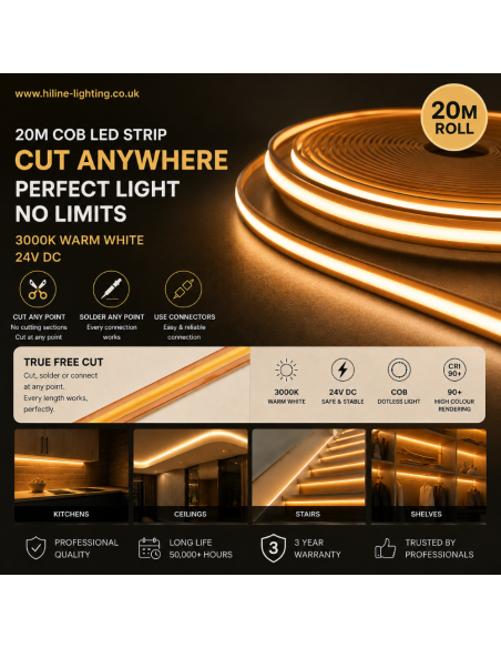 20m überall schneidbarer COB LED-Streifen, 3000K Warmweiß 24V, für Küche und Treppe
