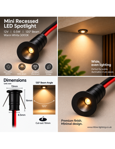 Black Mini Recessed LED Spot 12V 3000K Warm White 120 Degree