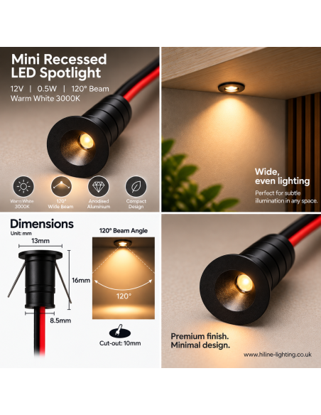 Black Mini Recessed LED Spot 12V 3000K Warm White 120 Degree