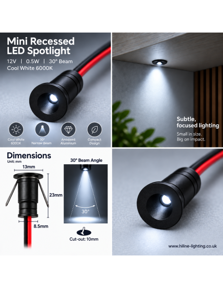 Black 30 Degree Mini LED Spot 12V 6000K Cool White 23mm