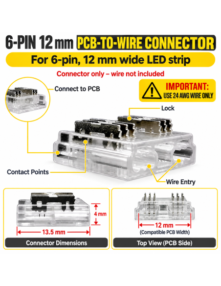 12mm 6-Pin COB RGB+TW Strip to Wire Connector | Sold Individually | Clip Only | IP00