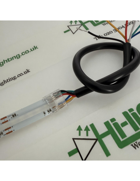 12mm 6 Pin RGB+TW COB Strip to Wire Clip Close Up 24V
