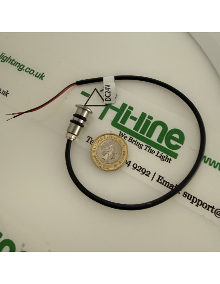 Edelstahl 12mm Einbau-LED-Spot 24V Groesse gegen Ein Pfund