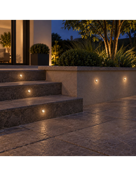Warm White Mini Recessed LED Spots in Garden Stair Riser 24V IP68