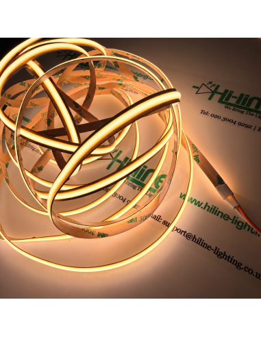 5m 8mm COB LED strip, 3000K warm white, switched on