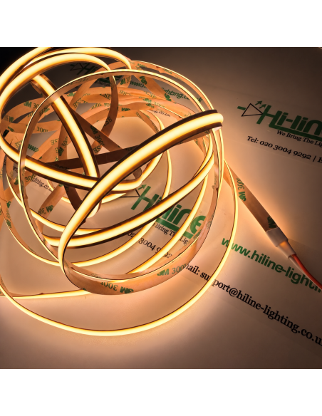 5m 8mm COB LED strip, 3000K warm white, switched on