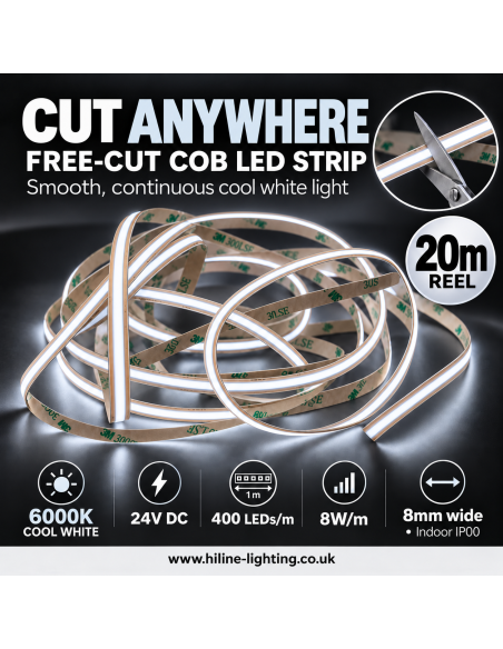 COB LED Streifen überall schneidbar (Free-Cut) 400 LEDs/m – 6000K Kaltweiß 20m Rolle