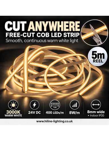 Cut anywhere free-cut COB LED strip, 5m 3000K warm white reel
