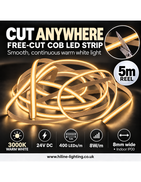 Cut anywhere free-cut COB LED strip, 5m 3000K warm white reel