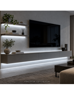 6000K Cool White COB LED Strip under a TV and Shelves