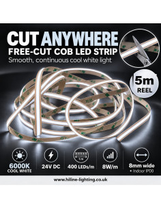 COB-LED-Streifen überall schneidbar, 6000K Kaltweiß, 5-Meter-Rolle, 24 V, 400 LEDs pro Meter, 8 mm, IP00