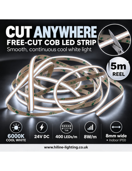 Cut Anywhere free-cut COB LED strip, 6000K cool white, 5 metre reel, 24 V, 400 LEDs per metre, 8 mm, IP00