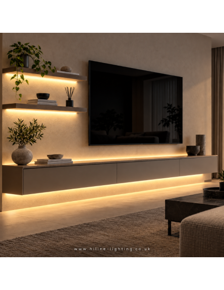 2700K warm white COB strip lighting a media unit and shelves