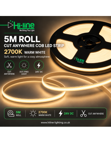 5-m-Rolle COB-Streifen, überall schneidbar, 2700K warmweiß, 24V