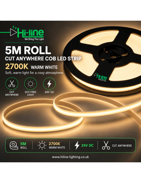 5 metre cut-anywhere COB reel, 2700K warm white, 24V