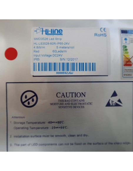 Red IP20 LED strip, 3528-SMD, 60LEDs/m, 4.8W/m, 24V DC, 5 meters roll