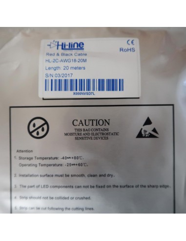 2 cores Red/Black LED strip wire AWG 18, 20m roll