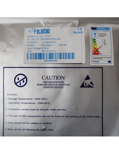 5000K White LED Strip 24V 14.4W/m IP00 SMD 2110 CRI90 180/m 5m roll