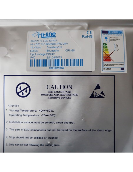 5000K White LED Strip 24V 14.4W/m IP00 SMD 2110 CRI90 180/m 5m roll