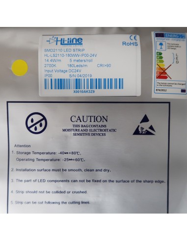 2700K Warm White LED Strip 24V 14.4W/m IP00 SMD 2110 CRI90 180/m 5m roll