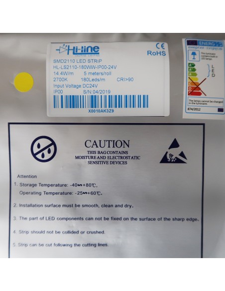 2700K Warm White LED Strip 24V 14.4W/m IP00 SMD 2110 CRI90 180/m 5m roll