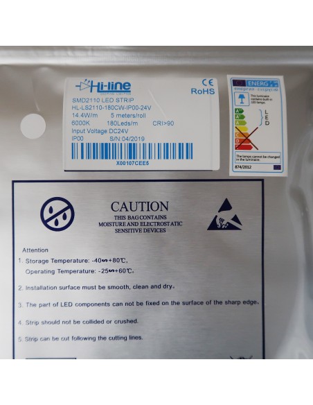 6000K Cool White LED Strip 24V 14.4W/m IP00 SMD 2110 CRI90 180/m 5m roll