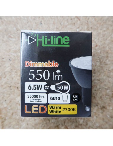 6.5W Dimmable GU10: Very warm white, 2700K, 24° angle, high CRI.