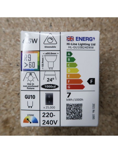 6.5W Dimmable GU10: Very warm white, 2700K, 24° angle, high CRI.